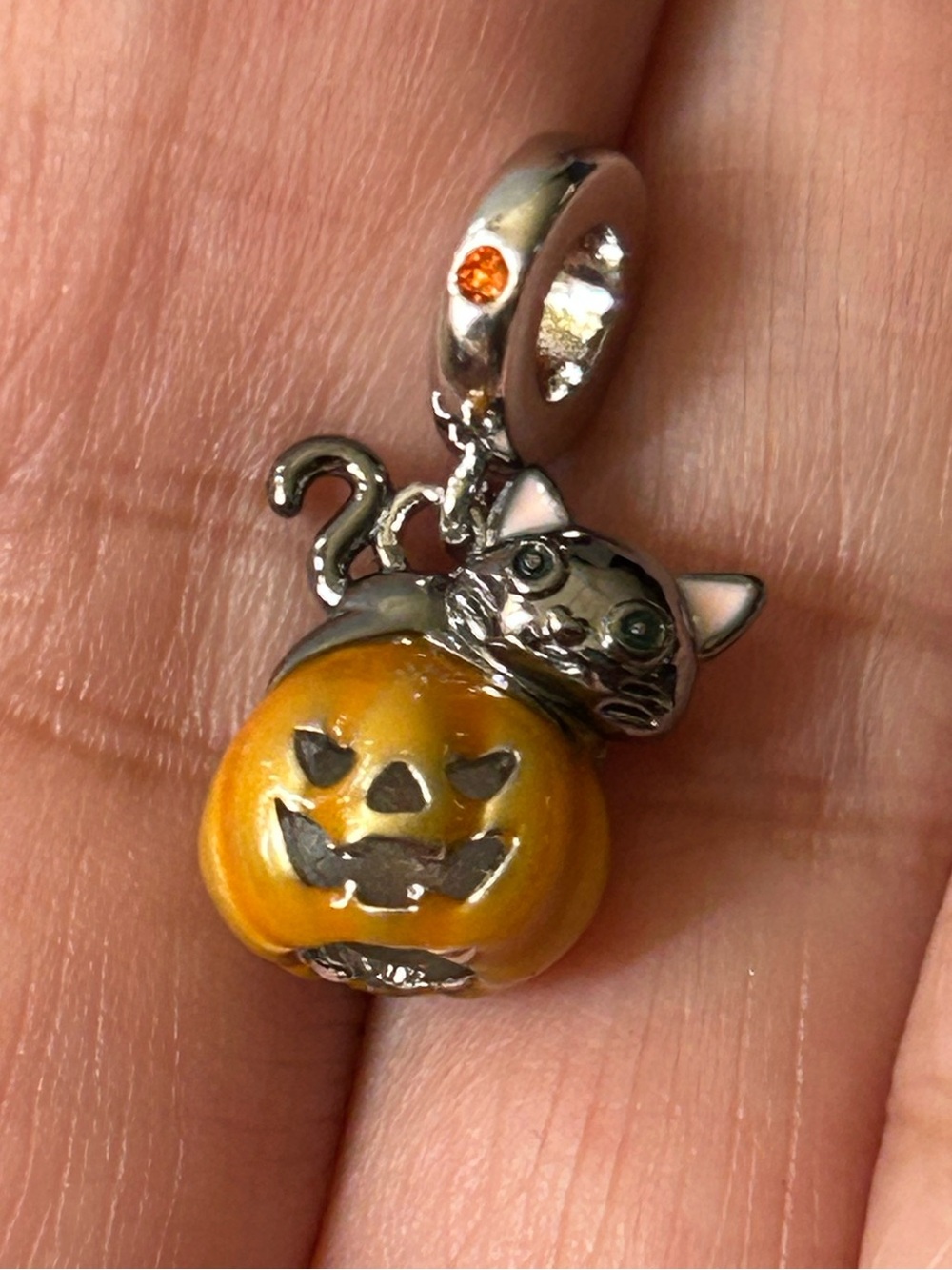 S 925 silver Spooky Cute Black Cat Orange Pumpkin Jack o lantern Charm Halloween